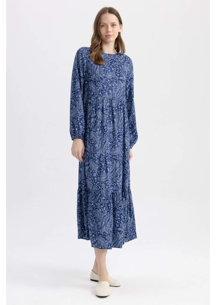 Bisiklet Yaka Baskılı Viskon Uzun Kollu Elbise A2354AX23SM