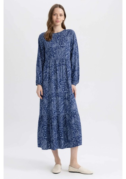 Bisiklet Yaka Baskılı Viskon Uzun Kollu Elbise A2354AX23SM modelleri