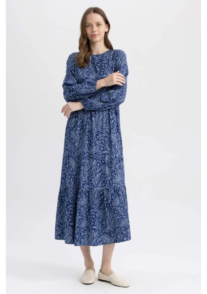 Bisiklet Yaka Baskılı Viskon Uzun Kollu Elbise A2354AX23SM fırsatları