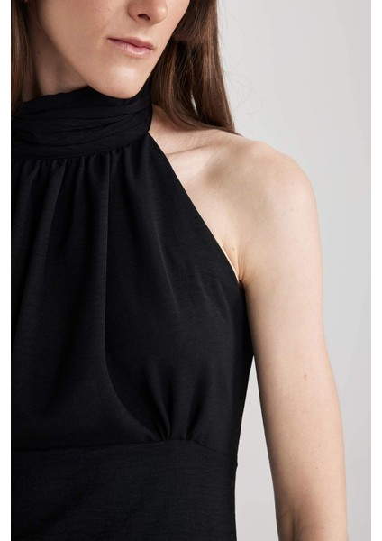Halter Yaka Krep Kolsuz Mini Elbise A3198AX23SM