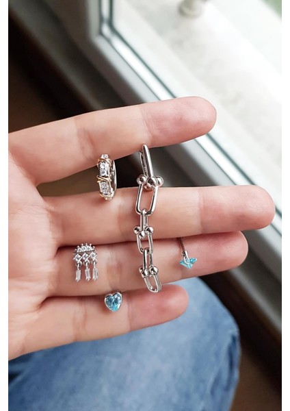 Tekli Ithal Mini Fancy Kesim Aqua Kalb Gümüş Küpe modelleri