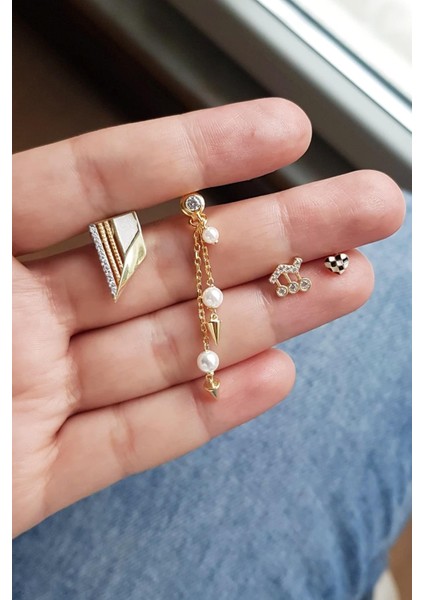 Tekli Ithal Inci Sallantılı 2li Zincir Gümüş Küpe