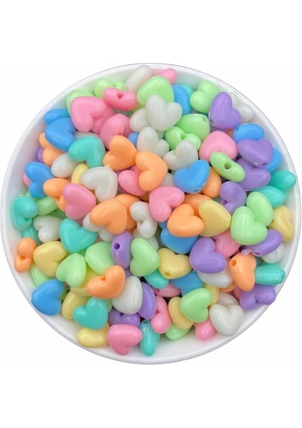 25 Gr 14 Mm Pastel Karışık Renkli Plastik Kalp Model Boncuk takı Yapım Boncuğu (25gr ~38-44 Adet)