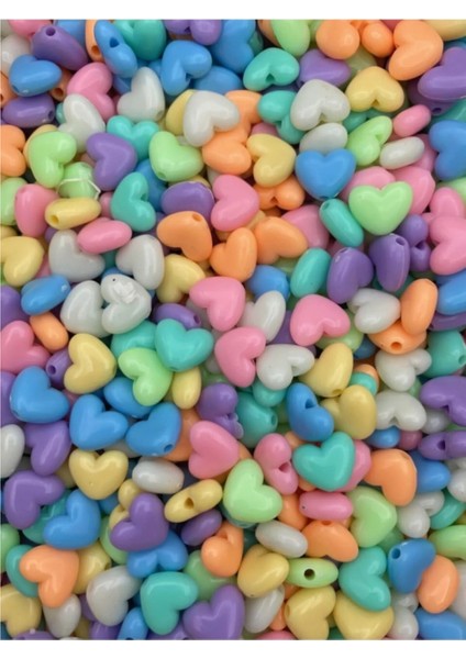 25 Gr 14 Mm Pastel Karışık Renkli Plastik Kalp Model Boncuk takı Yapım Boncuğu (25gr ~38-44 Adet) modelleri