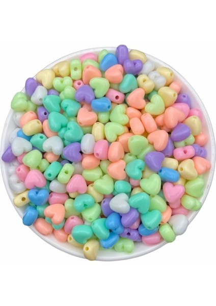 25 Gr 8 Mm Pastel Karışık Renkli Plastik Kalp Model Boncuk takı Yapım Boncuğu (25 gr ~60-67 Adet)