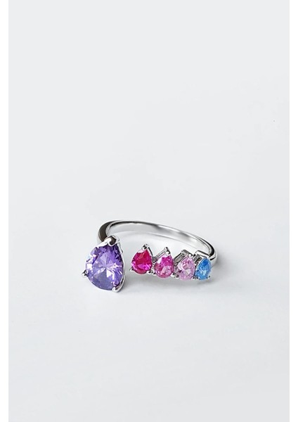 Ithal Fancy Kesim Taşlı Renkli Damla Gümüş Yüzük