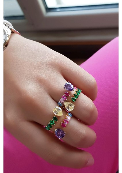 Ithal Fancy Kesim Taşlı Renkli Damla Gümüş Yüzük modelleri
