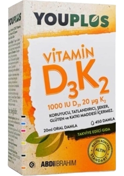 Youplus Vitamin D3K2 Vitamin D3 ve Vitamin K2 Içeren Takviye Edici Gıda