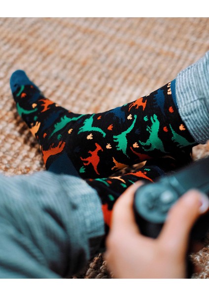 Jiggles Wiggles - Dinazor Desenli Çorap – Özel Tasarım Pamuklu Uzun Çorap Modeli, Eğlenceli - Renkli Desenli Unisex Çorap