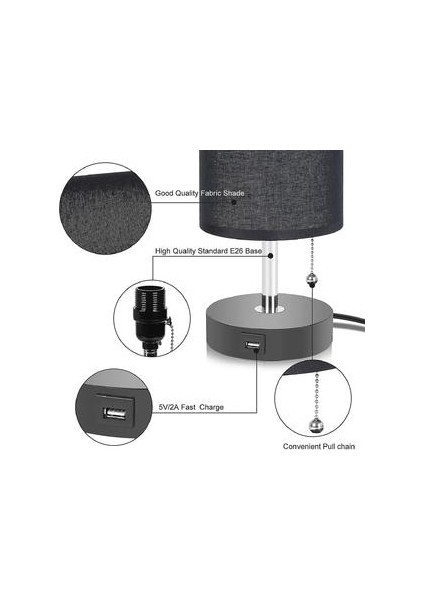Lambalar Siyah Masa Lambası USB Şarj Limanı Başucu Gecelik Lamba Siyah Kumaş Abajur (Yurt Dışından) modelleri
