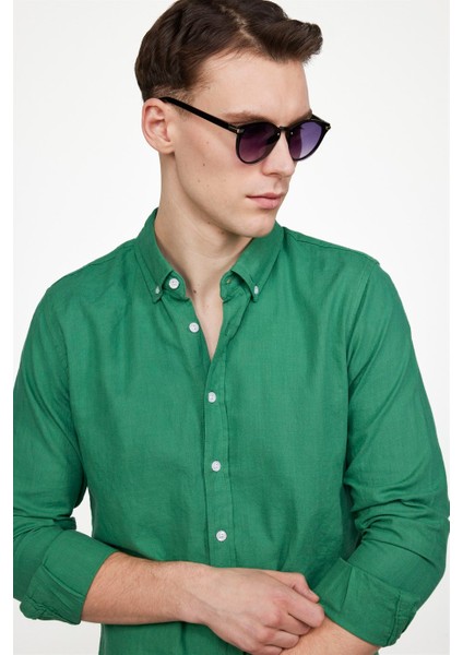 Slim Fit Uzun Kol Biyeli Yaka Düğmeli Keten Erkek Yeşil Gömlek fiyatları