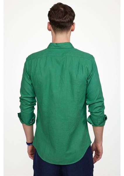 Slim Fit Uzun Kol Biyeli Yaka Düğmeli Keten Erkek Yeşil Gömlek fırsatları