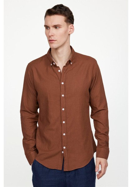 Slim Fit Uzun Kol Biyeli Yaka Düğmeli Keten Erkek Kahve Gömlek