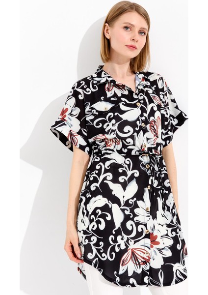 Kadın Beli Bağcıklı Cepli Uzun Gömlek Siyah