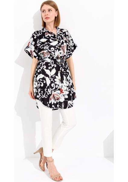 Kadın Beli Bağcıklı Cepli Uzun Gömlek Siyah modelleri