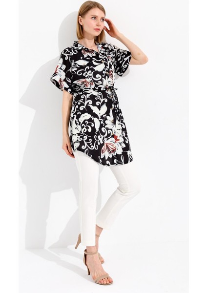 Kadın Beli Bağcıklı Cepli Uzun Gömlek Siyah indirimleri