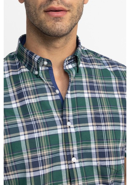 Classic Fit Kısa Kol Ekoseli Düğmeli Yaka Erkek Yeşil Gömlek modelleri