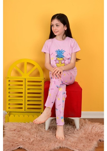 Kız Çocuk Kısa Kollu Pijama Takımı Hello Pıneapple Model Lila