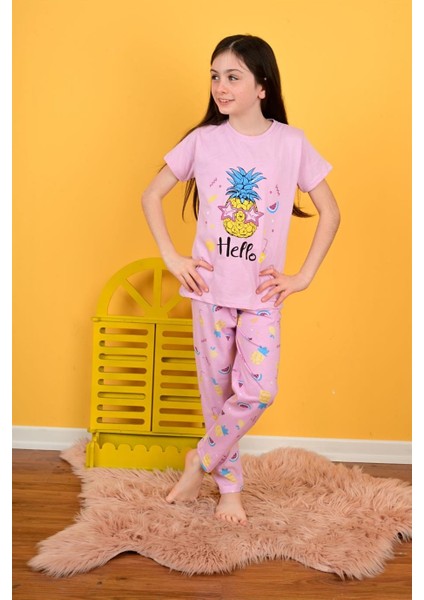 Kız Çocuk Kısa Kollu Pijama Takımı Hello Pıneapple Model Lila