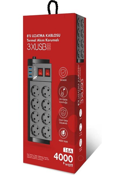 Termal Akım Korumalı 8'li Priz 3 x USB - 2 M Kablo Uzunluğu