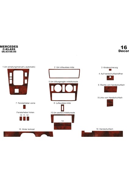 Meriç® Mercedes C Serisi Ön Torpido Kaplama Maun 16 Parça 1993-1995