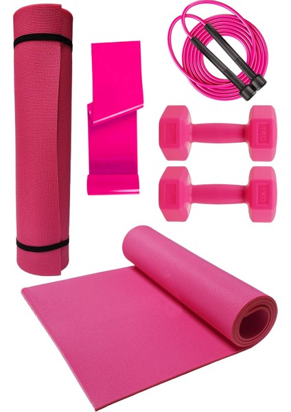 Deluxe Egzersiz Seti Pilates Minderi 2 x 1 kg Dambıl Pilates Lastiği ve Atlama Ipi Seti