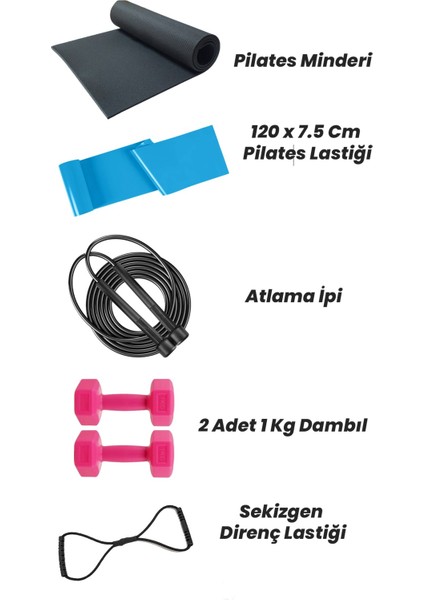 Deluxe Egzersiz Seti Pilates Minderi Pilates Lastiği Atlama Ipi 2 x 1 kg Dambıl ve Sekizgen Lastik