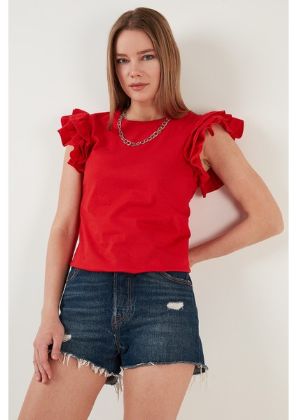 Pamuklu Kolları Fırfırlı Slim Fit Bisiklet Yaka T Shirt Bayan T Shirt 5864500