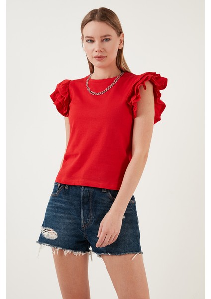 Pamuklu Kolları Fırfırlı Slim Fit Bisiklet Yaka T Shirt Bayan T Shirt 5864500