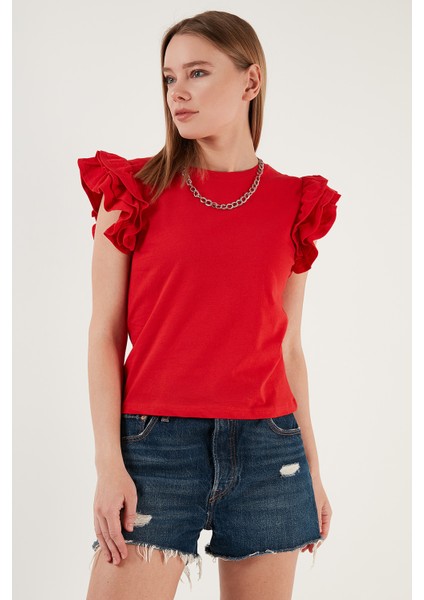 Pamuklu Kolları Fırfırlı Slim Fit Bisiklet Yaka T Shirt Bayan T Shirt 5864500