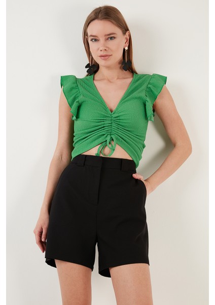Büzgü Detaylı Kolları Fırfırlı Dar Kesim Crop Bluz Bayan Bluz 5865015 fiyatları