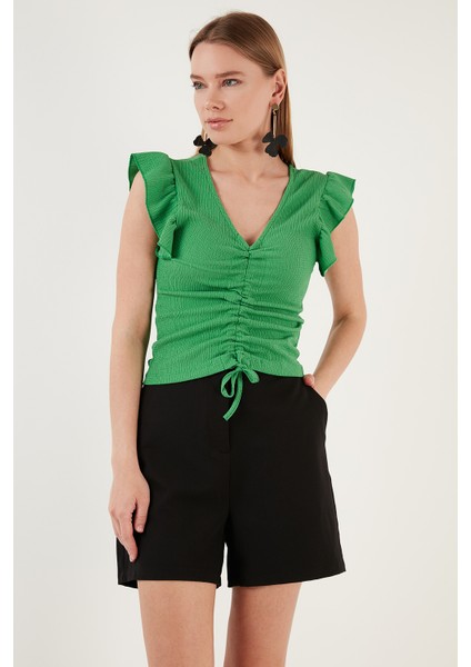 Büzgü Detaylı Kolları Fırfırlı Dar Kesim Crop Bluz Bayan Bluz 5865015