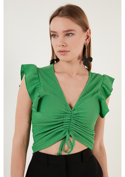Büzgü Detaylı Kolları Fırfırlı Dar Kesim Crop Bluz Bayan Bluz 5865015 modelleri