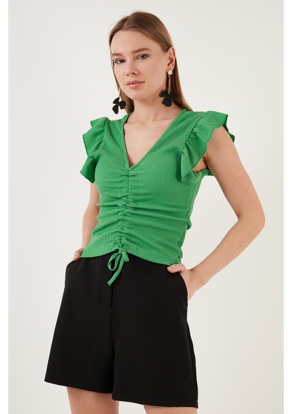Büzgü Detaylı Kolları Fırfırlı Dar Kesim Crop Bluz Bayan Bluz 5865015 fırsatları