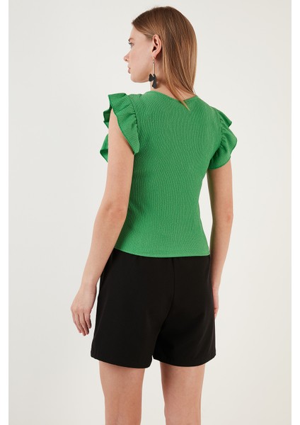 Büzgü Detaylı Kolları Fırfırlı Dar Kesim Crop Bluz Bayan Bluz 5865015 indirimleri