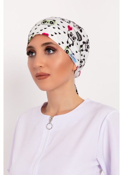 Beyaz Panda Desenli Tesettür Doktor Hemşire Hastane Aşçı Cerrahi Bone