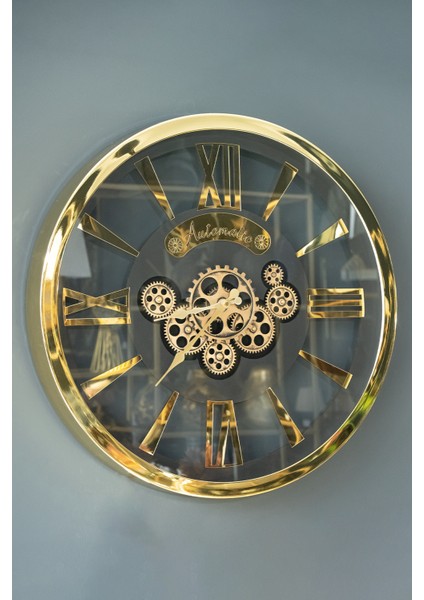 Premium Gold Metal Döner Çarklı Camlı 60 cm Duvar Saati,altın Metal Çarklı Duvar Saati