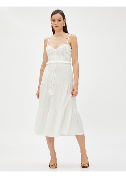 Katlı Midi Etek Beli Bağlamalı