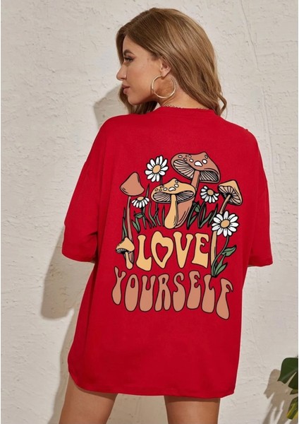 Büyük Beden Sırt Baskılı Pamuk Oversize Kadın T-Shirt