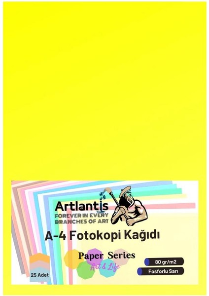 Fosforlu Sarı Renkli A-4 Fotokopi Kağıdı 25 Li 1 Paket Artlantis Fotokopi Renkli A4 Kağıdı