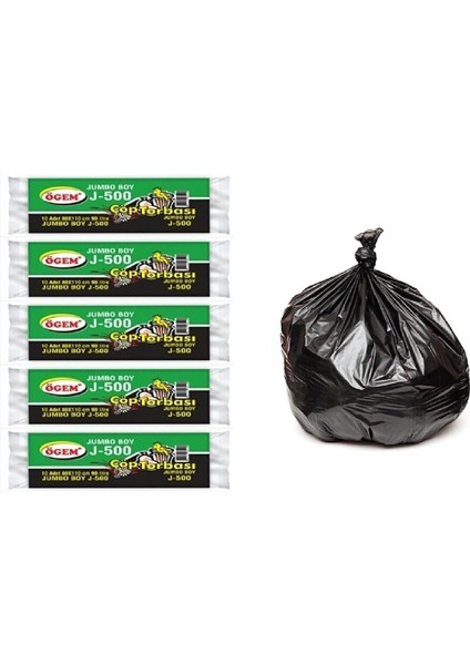 J-500 Jumbo Boy Çöp Poşeti 80x110 cm 10 lu Rulo x 5 Paket = 50 Adet Siyah