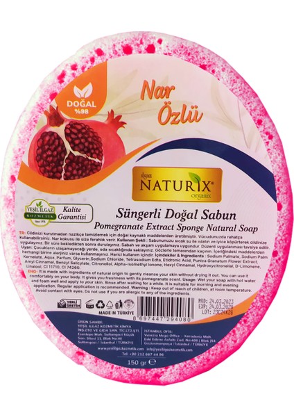 Doğal Sponge Pomegranate Soap Natural B1 ve B2 Vitamini Antioksidan Antiaging Süngerli Nar Sabunu