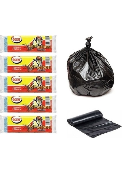 Büyük Boy Çöp Poşet 65X80 cm 50 Lt 10'lu Rulo x 5 Paket = 50 Adet Siyah