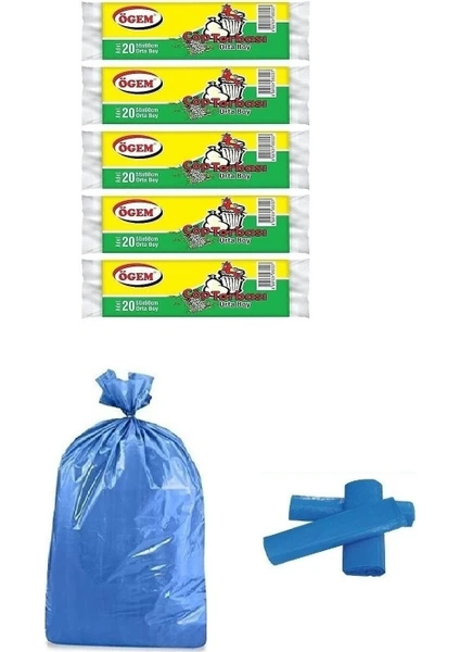 Orta Boy Çöp Poşeti 55x60 cm 20 li Rulo x 5 Paket = 100 Adet Mavi