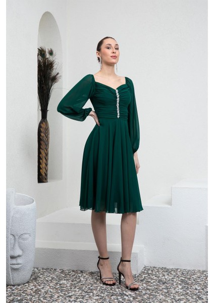 Yeşil Drapeli Şifon Abiye Elbise