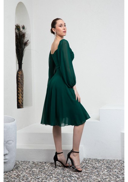 Yeşil Drapeli Şifon Abiye Elbise