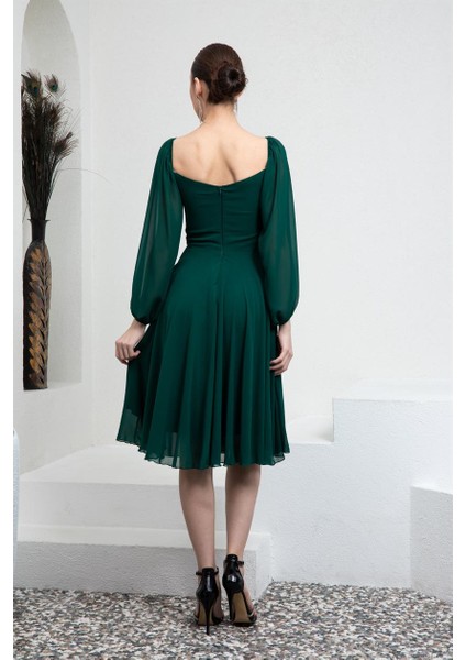Yeşil Drapeli Şifon Abiye Elbise