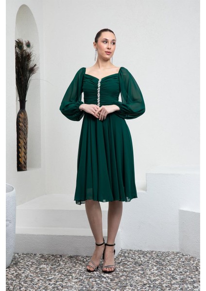 Yeşil Drapeli Şifon Abiye Elbise fiyatları