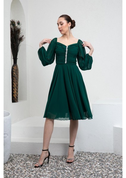 Yeşil Drapeli Şifon Abiye Elbise modelleri