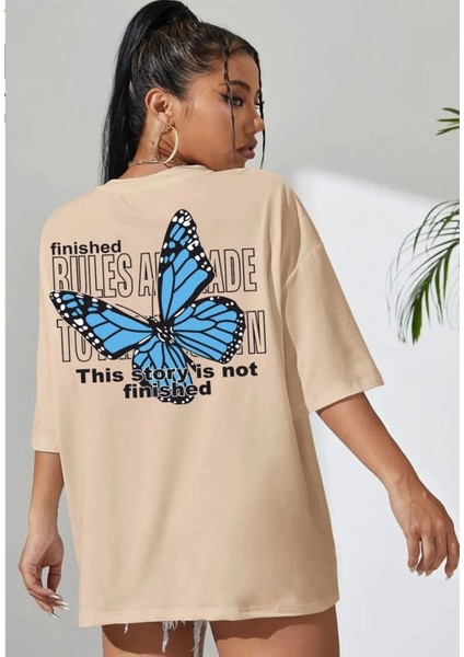 Büyük Beden Kelebek Sırt Baskılı Pamuk Oversize Kadın T-Shirt